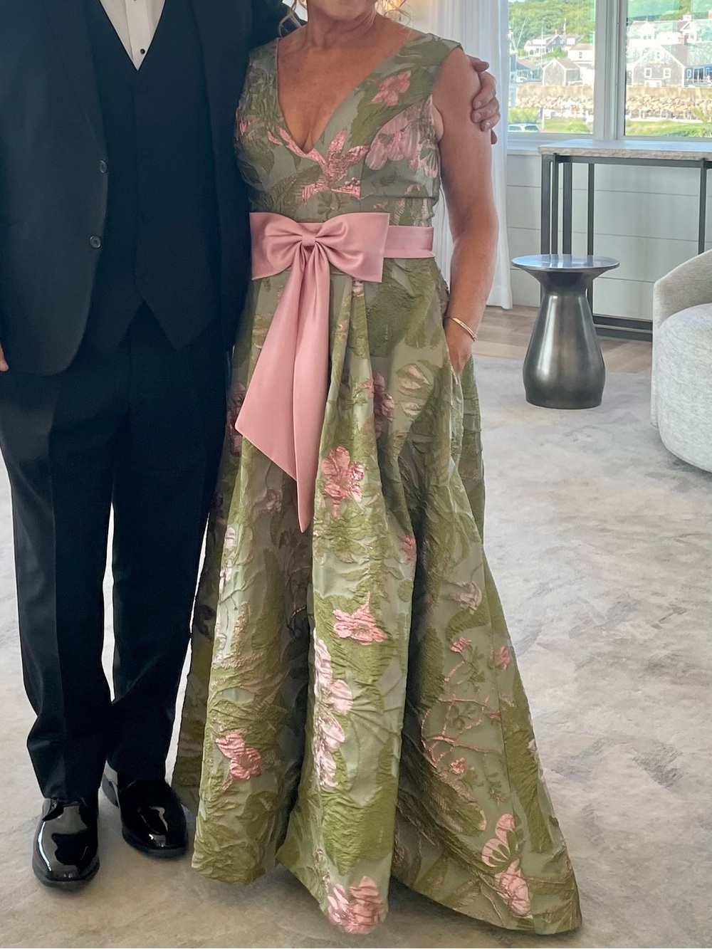 Pink & Green Floral jacquard maxi gown with Bow 10 Petite Gorgeous with pockets!
